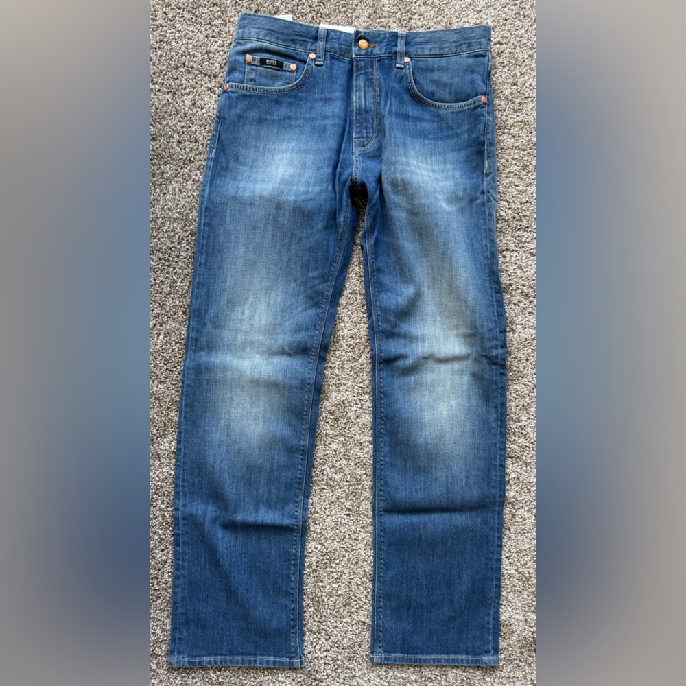 Hugo Boss Men's Straight Jeans in Distressed Blue Wash
